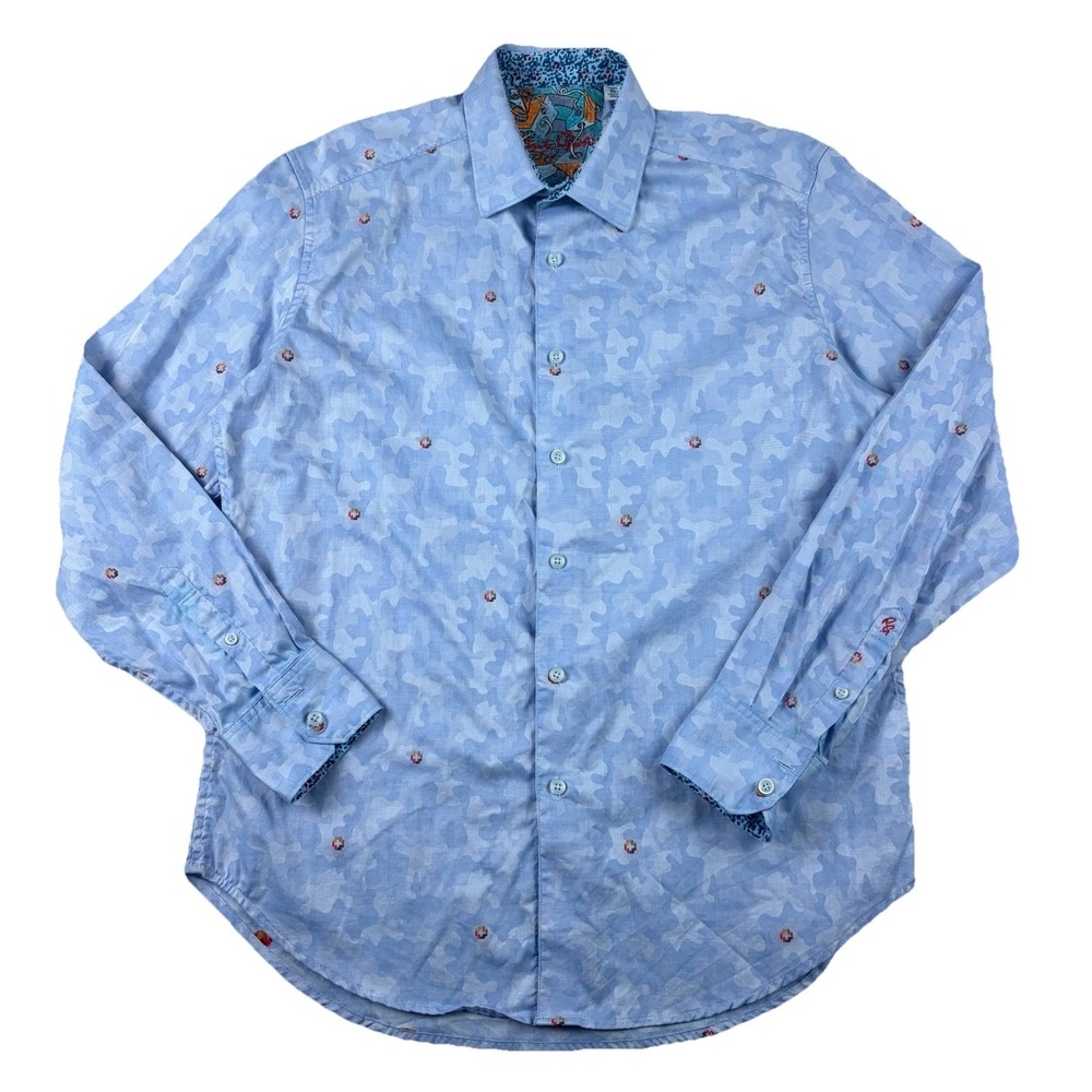 Robert Graham Shirt Mens Medium Blue Camo Geometric Button Up Lightweight Cotton - Picture 1 of 8